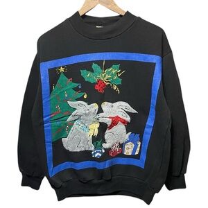 Vintage 80s 90s Festive Christmas rabbits under mistletoe Crewneck sweatshirt